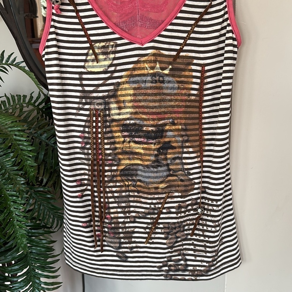 Save The Queen! V-Neck Tank Top Striped Embroidered Horse Beaded Mesh Back Italy - Picture 2 of 14